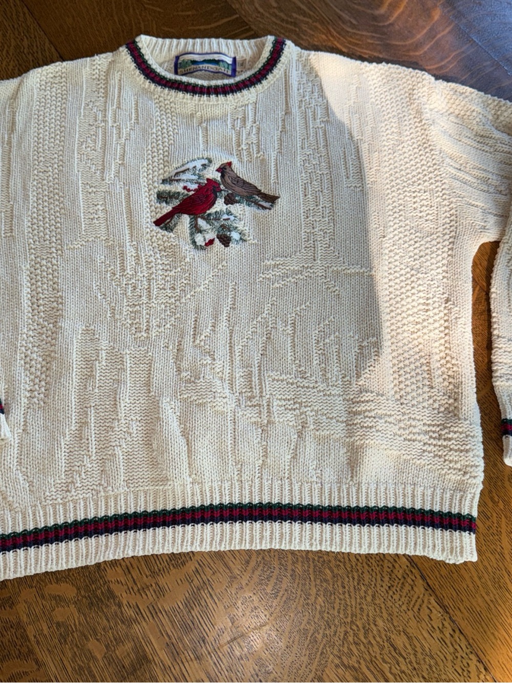 Cream Crewneck Sweater with Embroidered Cardinals